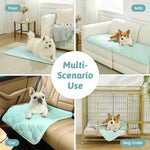 Dog using a pet mat on various surfaces including floor, sofa, car, and dog crate.