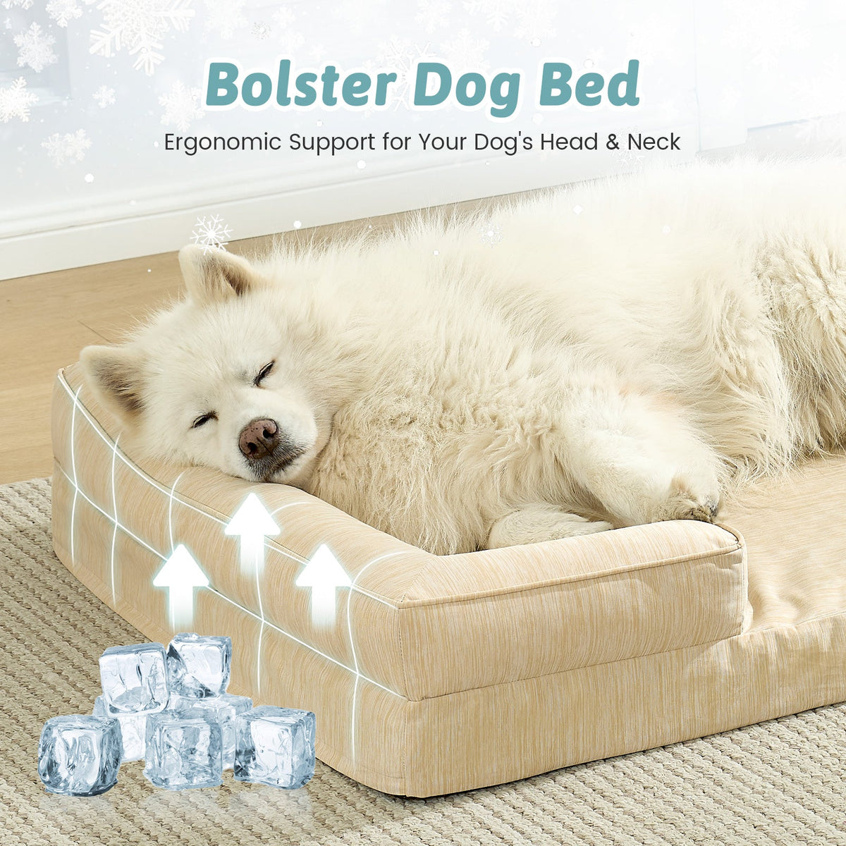 Dog lying on a beige og bed with ergonomic support for head and neck, surrounded by ice cubes.