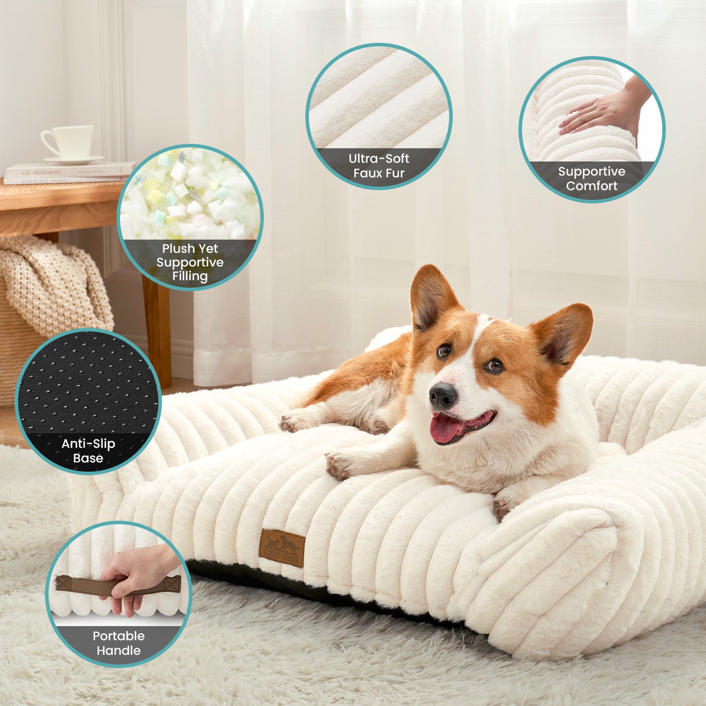 Cozy Kiss Ultra Soft Plush Striped Faux Pet Sofa Bed plush faux fur calming pet bed with non slip bottom #color_Cream