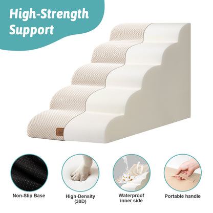 Cozy Kiss 5-Step Extra Wide Curved Pet Stairs with high-density foam and anti-slip base #color_Beige