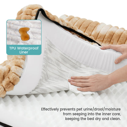 Close-up of Cozy Kiss Striped Faux U-Shaped Washable Dog Bed with removable foam and waterproof liner. #color_Tie-dye Brown