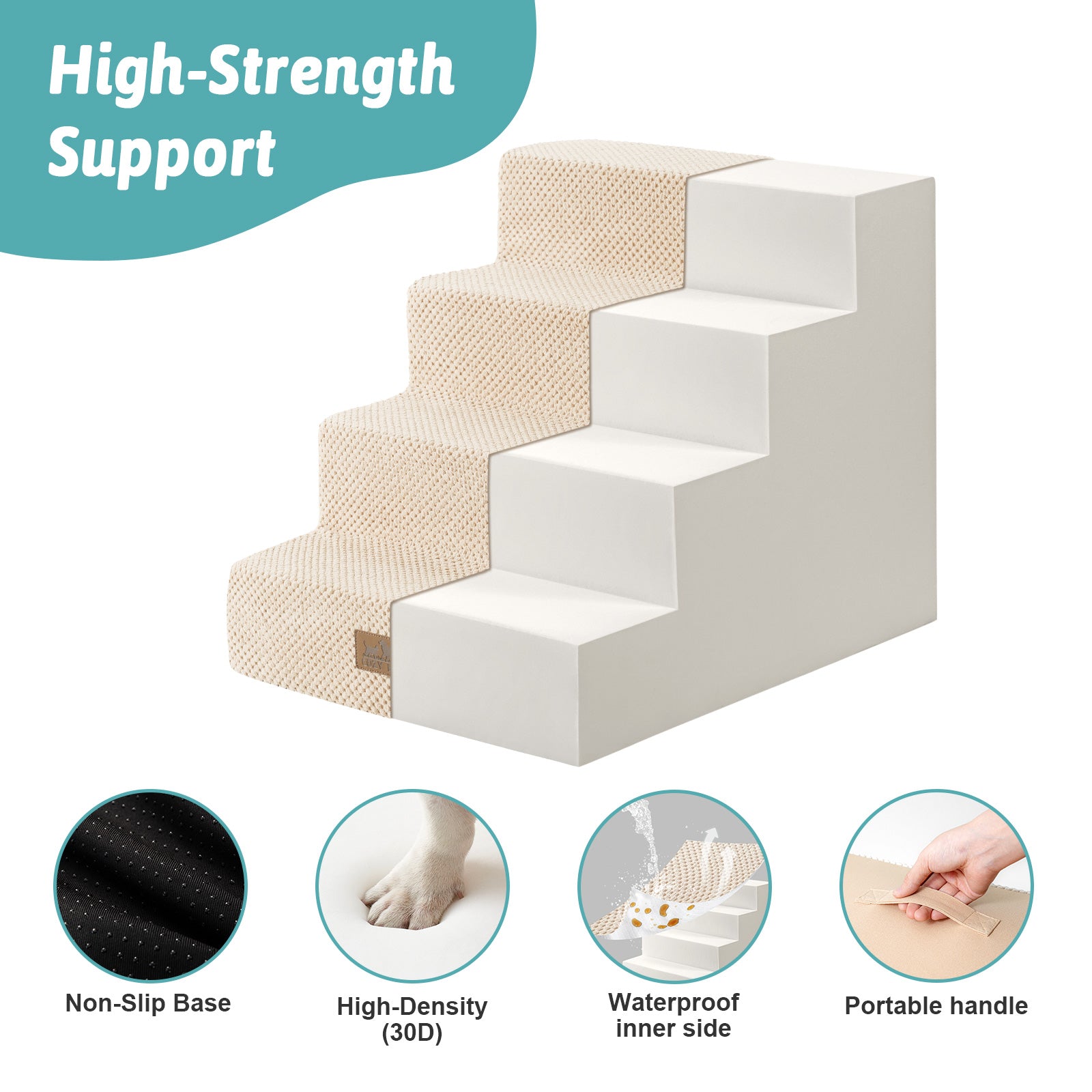 Cozy Kiss 4-Step Non-Slip Right-Angle Pet Stairs featuring high-density foam support #color_Beige