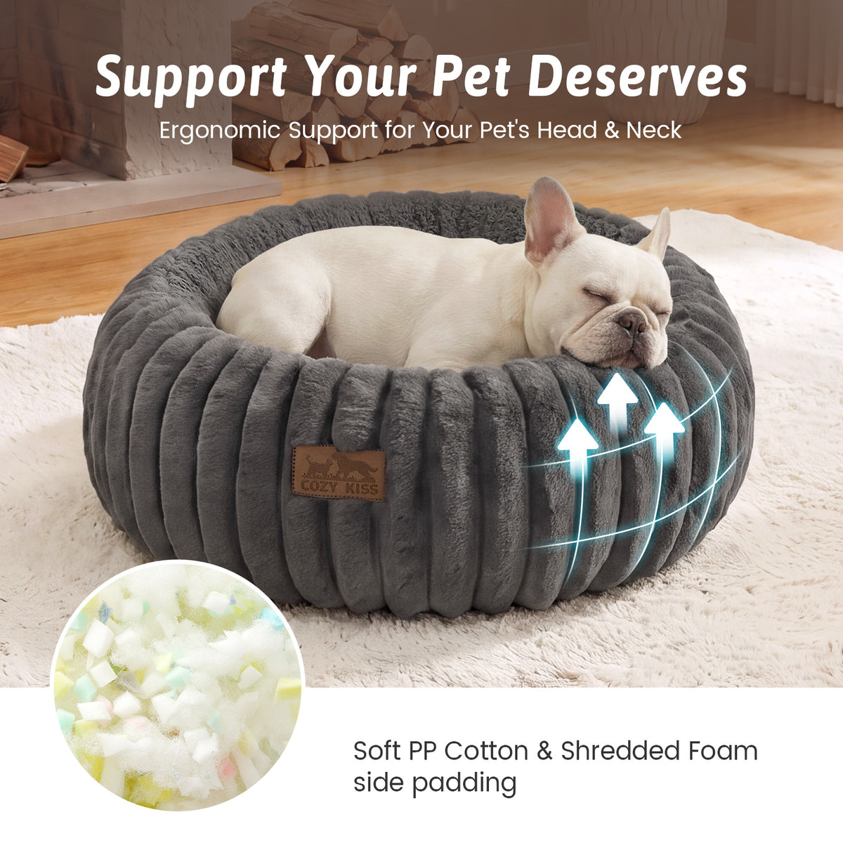Cozy Kiss small dog resting inside Cozy Kiss 2-in-1 Striped Faux Fur Pet Bed in Dark Grey in cozy bedroom #color_Dark Grey