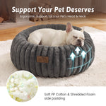 Cozy Kiss small dog resting inside Cozy Kiss 2-in-1 Striped Faux Fur Pet Bed in Dark Grey in cozy bedroom 