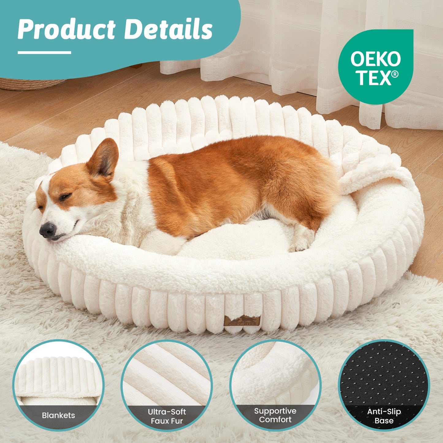 Cozy Kiss Striped Faux Calming Donut Pet Bed With Blanket plush faux fur pet bed with supportive filling #color_Cream