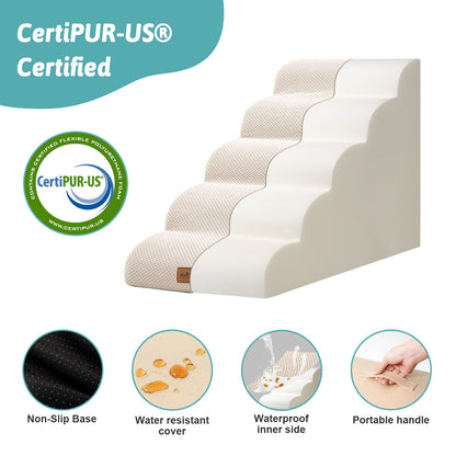 Side profile of Cozy Kiss CertiPUR-US certified foam pet stairs with non-slip base, waterproof lining, and portable handle #color_Beige