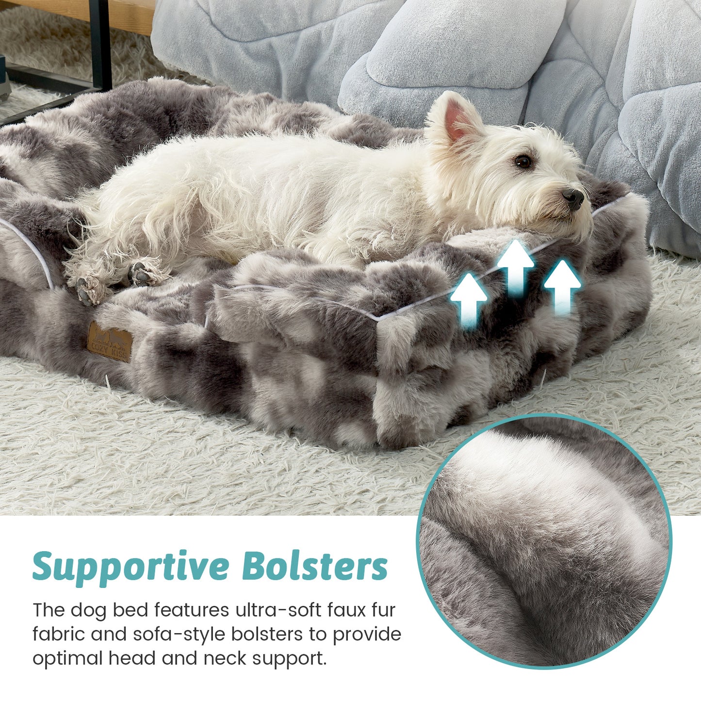 Cozy Kiss Fluffy Soft Bubble Faux Fur C-Shaped Dog Bed calming orthopedic pet bed with supportive bolsters #color_Tie-dye Grey