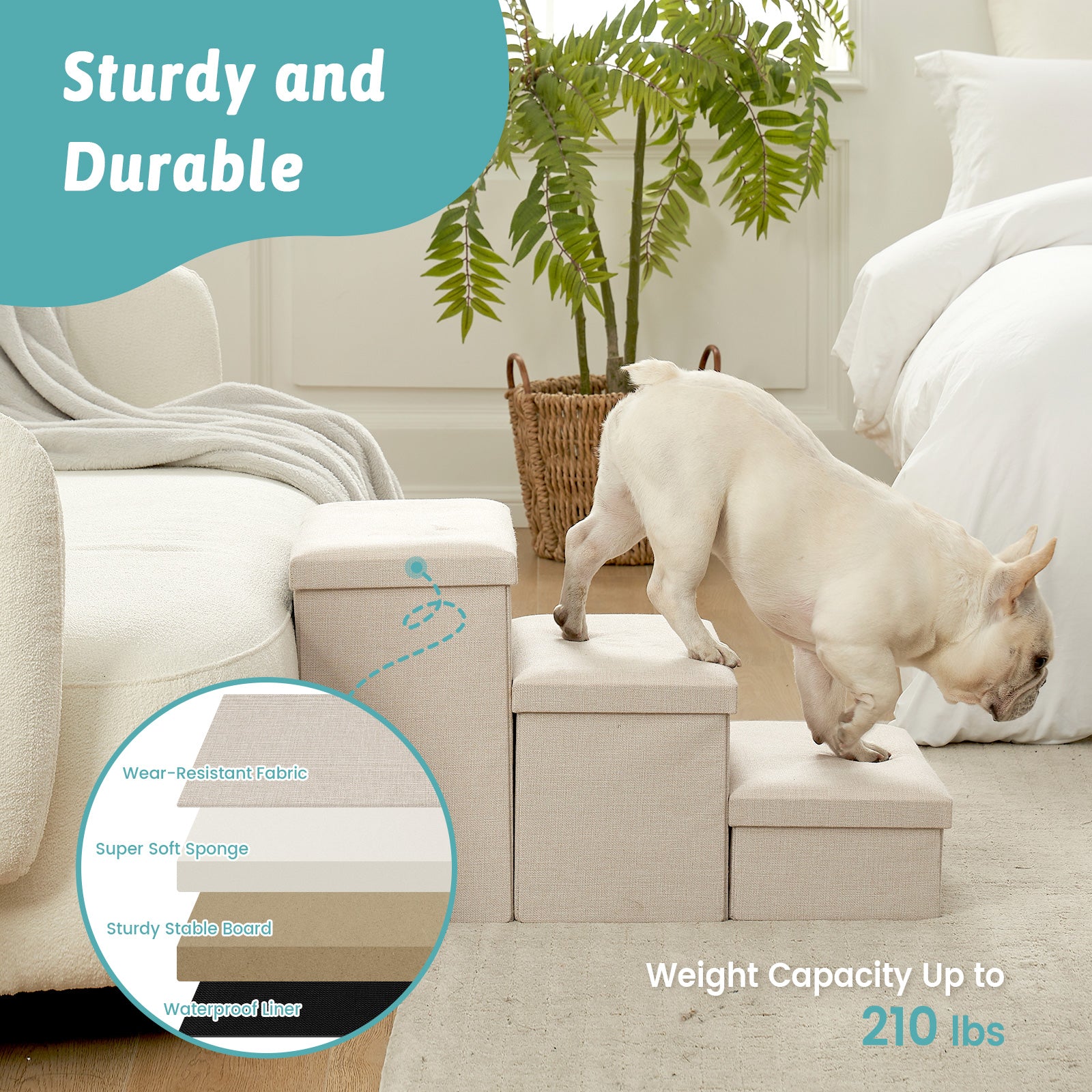 Cozy Kiss sturdy storage pet stairs supporting pets up to 210 lbs #color_Beige