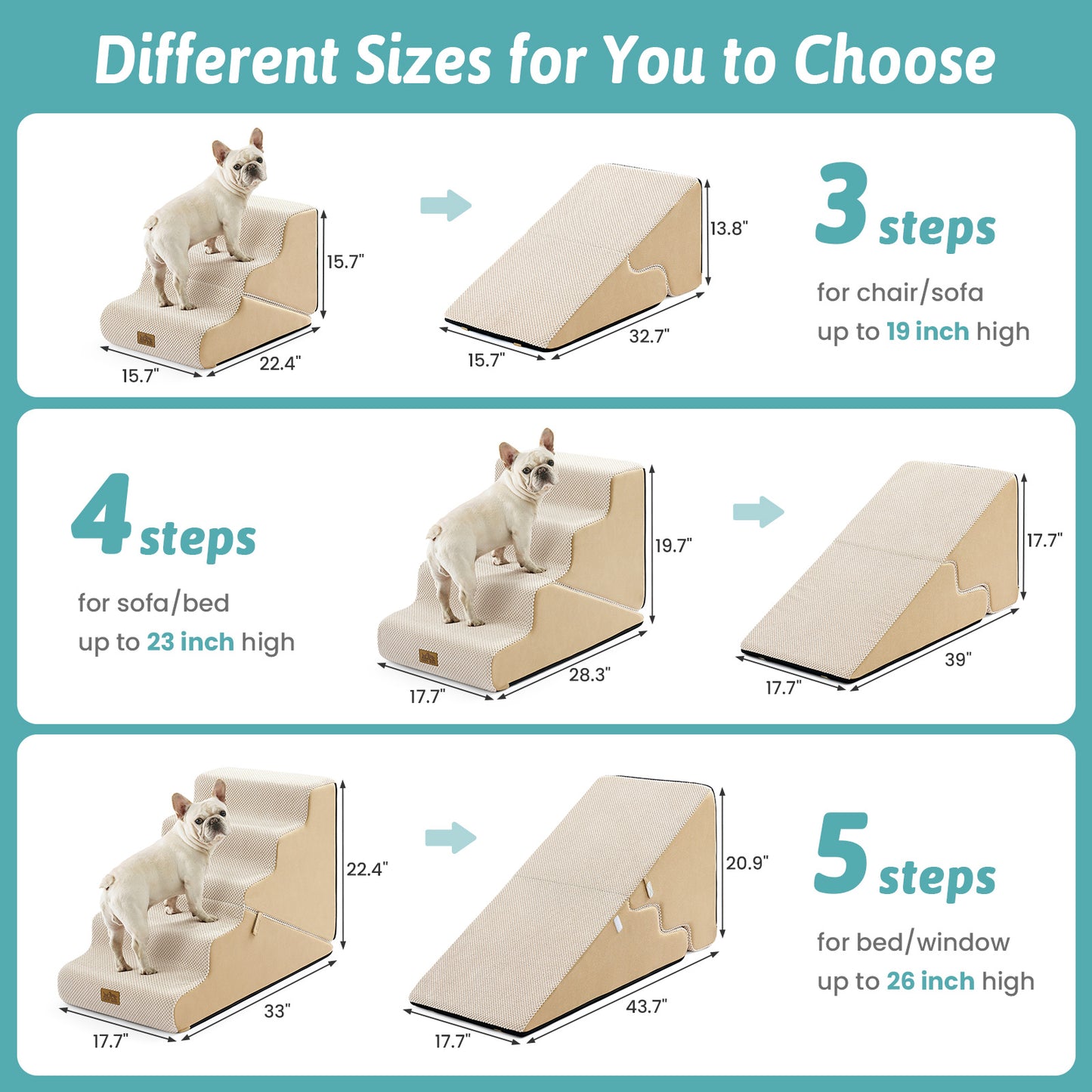 Cozy Kiss 3-Step 2-in-1 Pet Stairs with Ramp Mode size comparison and height guide #color_Beige