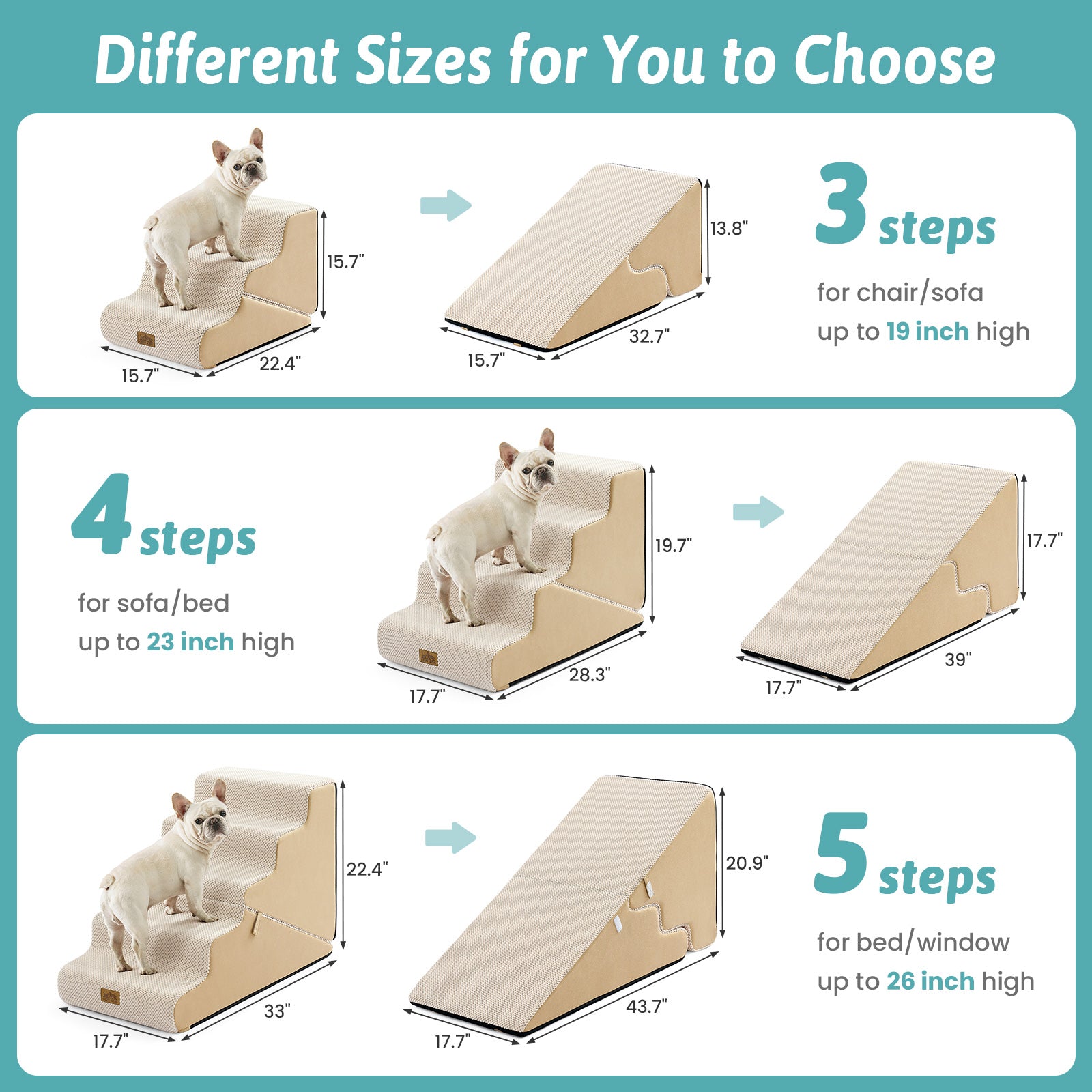 Cozy Kiss 3-Step 2-in-1 Pet Stairs with Ramp Mode size comparison and height guide #color_Beige