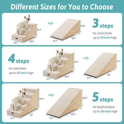 Cozy Kiss 3-Step 2-in-1 Pet Stairs with Ramp Mode size comparison and height guide #color_Beige