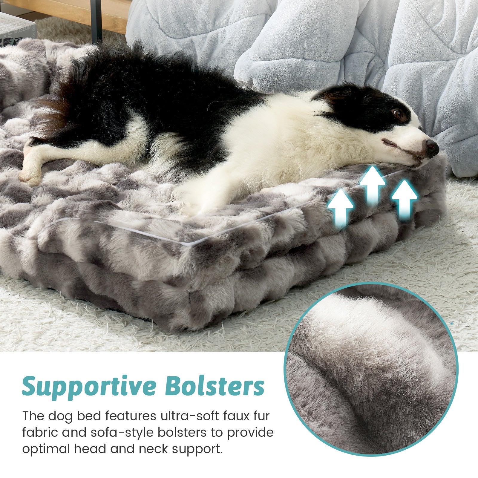 Cozy Kiss Fluffy Soft Bubble Faux Fur C-Shaped Dog Bed calming orthopedic pet bed with supportive bolsters #color_Tie-dye Grey