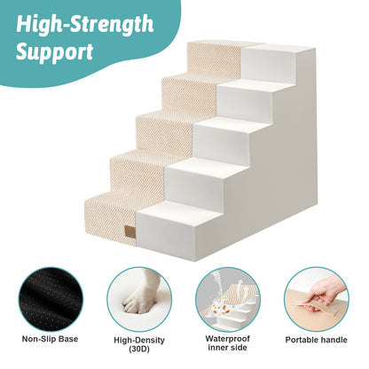 Exploded view of Cozy Kiss 5-Step Extra Wide Right-Angle Pet Stairs, highlighting foam core, non-slip base and removable cover. #color_Beige