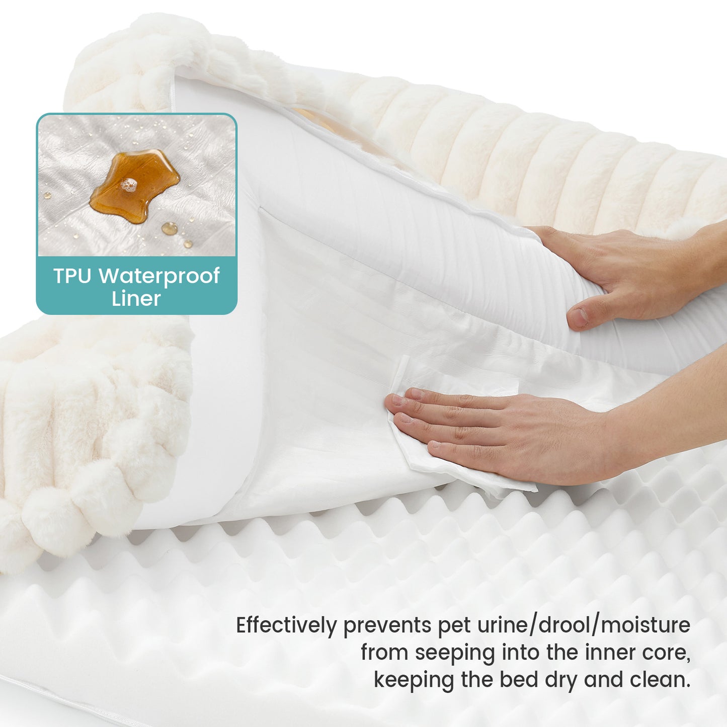 Close-up of Cozy Kiss Striped Faux U-Shaped Washable Dog Bed with removable foam and waterproof liner. #color_Cream