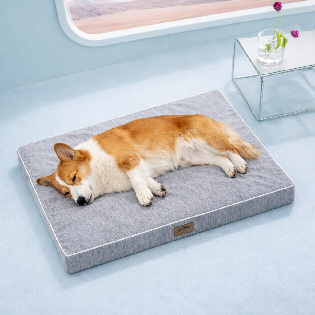 Dog sleeping on a gray cooling pet bed in a light blue room with a window in the background.