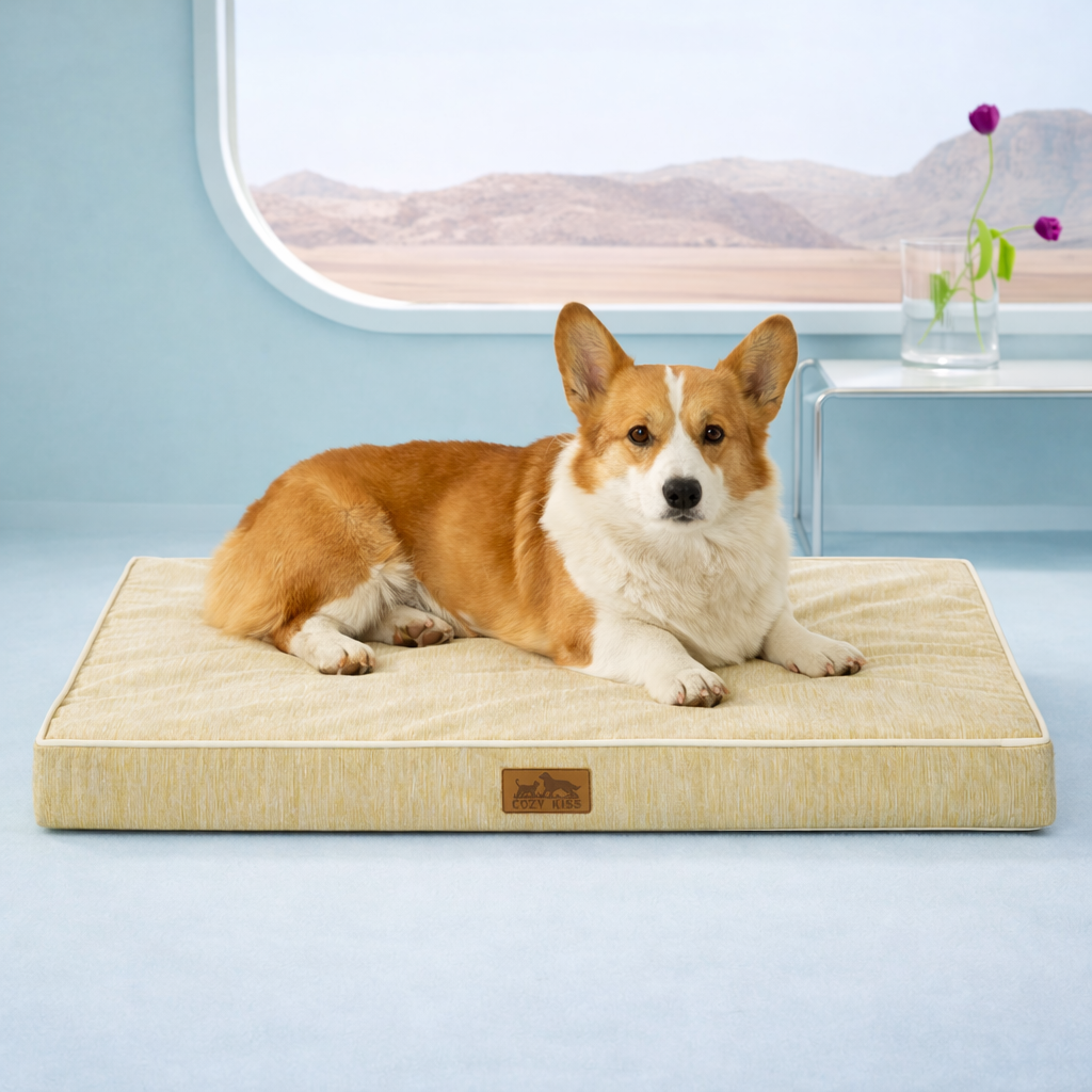 Front view of dog lying on a gray pet bed