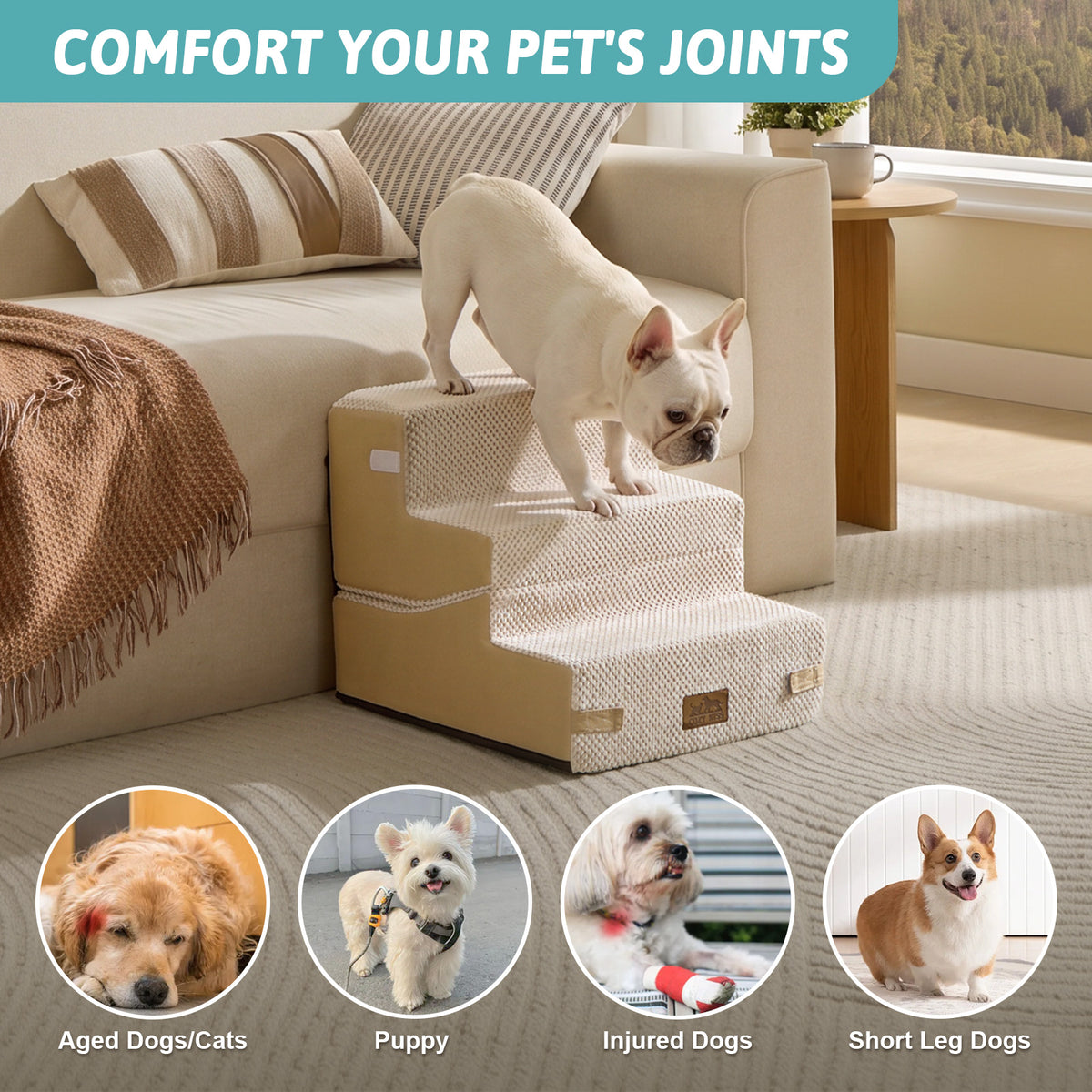 Cozy Kiss 3-Step Convertible 2-in-1 Pet Stairs with Ramp Mode for aged , injured, and short-legged pets 