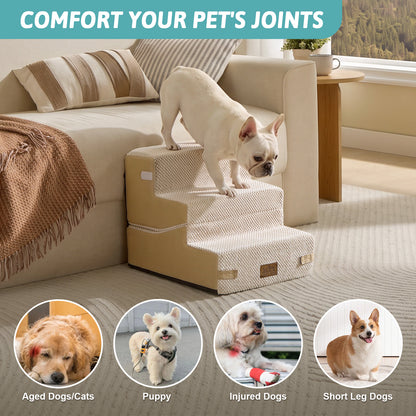 Cozy Kiss 3-Step Convertible 2-in-1 Pet Stairs with Ramp Mode for aged , injured, and short-legged pets #color_Beige