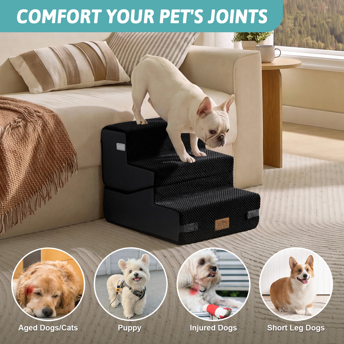 Cozy Kiss 3-Step Convertible 2-in-1 Pet Stairs with Ramp Mode for aged , injured, and short-legged pets 