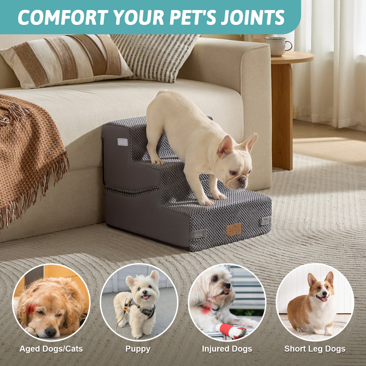 Cozy Kiss 3-Step Convertible 2-in-1 Pet Stairs with Ramp Mode for aged , injured, and short-legged pets 
