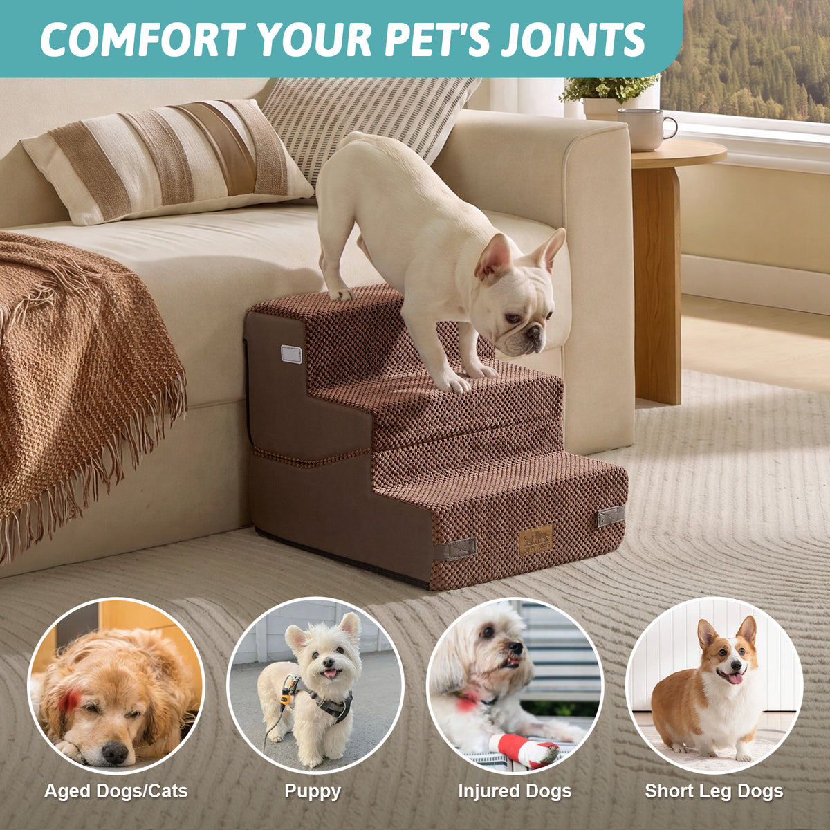 Cozy Kiss 3-Step Convertible 2-in-1 Pet Stairs with Ramp Mode for aged , injured, and short-legged pets #color_Brown