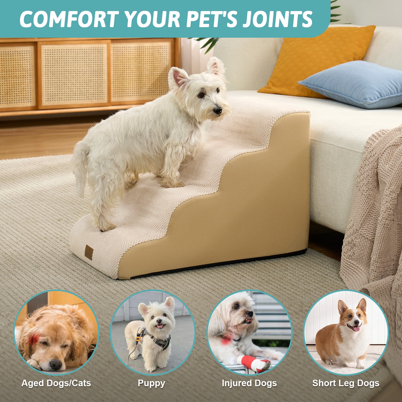 Cozy Kiss 4-Step Extra Wide Curved Pet Stairs for senior, injured, and short-legged pets #color_Beige