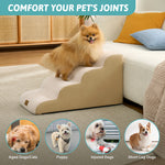 Pet joint support infographic showing Cozy Kiss Gentle Slope Curved Pet Stairs suitable for senior pets, puppies, injured dogs, and short-legged breeds 
