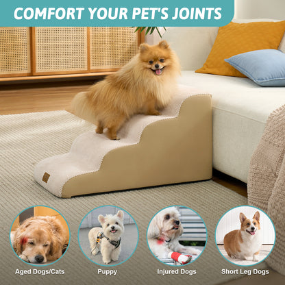 Pet joint support infographic showing Cozy Kiss Gentle Slope Curved Pet Stairs suitable for senior pets, puppies, injured dogs, and short-legged breeds #color_Beig