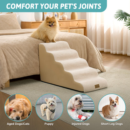 Pet joint support infographic showing Cozy Kiss Gentle Slope Curved Pet Stairs suitable for senior pets, puppies, injured dogs, and short-legged breeds #color_Beige