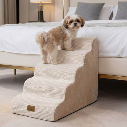 Cozy Kiss 5-Step Extra Wide Curved Pet Stairs beside bed for safe pet access #color_Beige