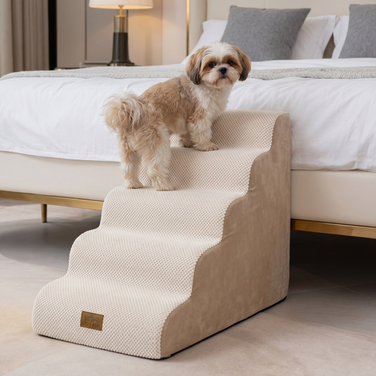 Cozy Kiss 5-Step Extra Wide Curved Pet Stairs beside bed for safe pet access #color_Beige