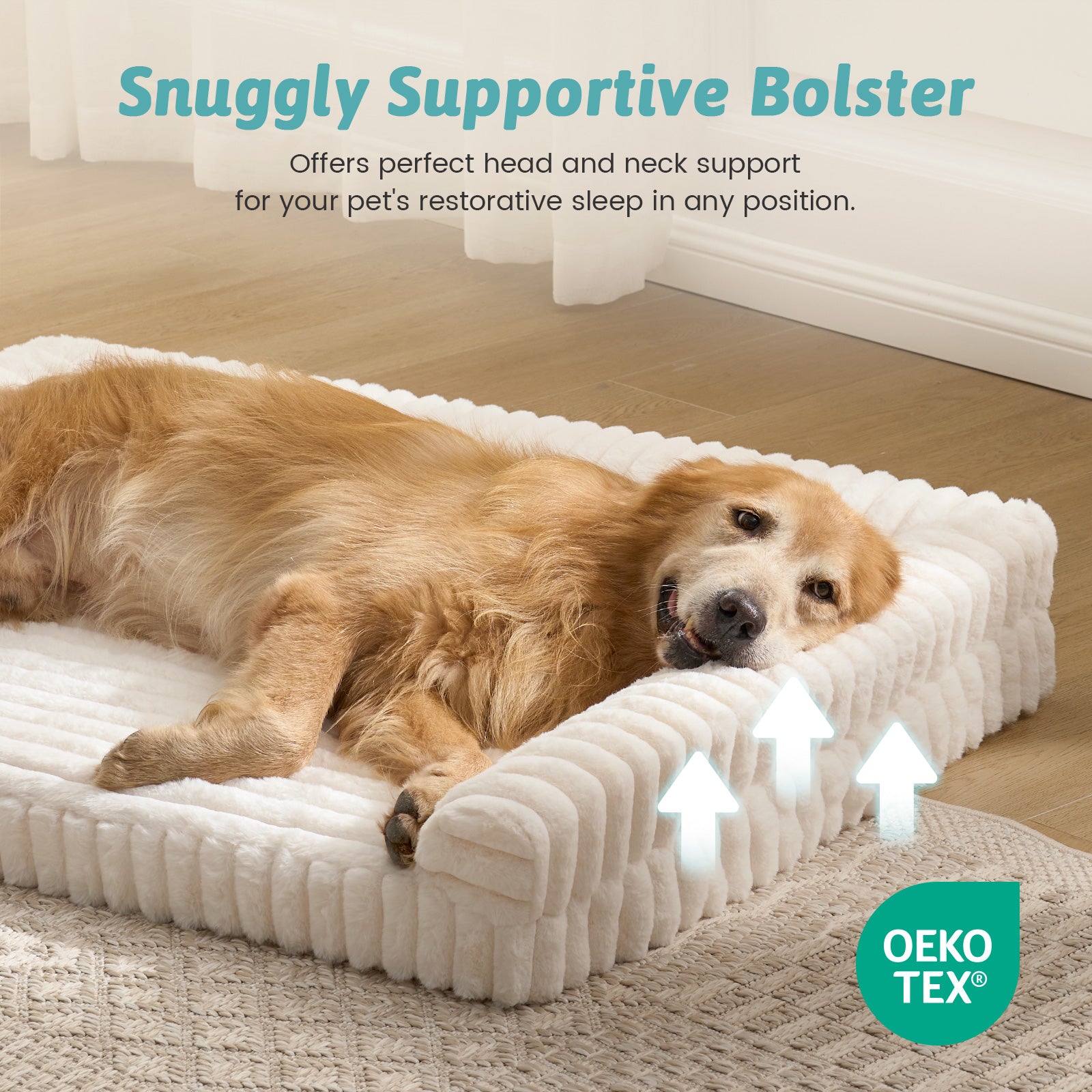 Dog resting on Cozy Kiss Striped Faux U-Shaped Washable Dog Bed, highlighting supportive U-shaped bolsters. #color_Cream