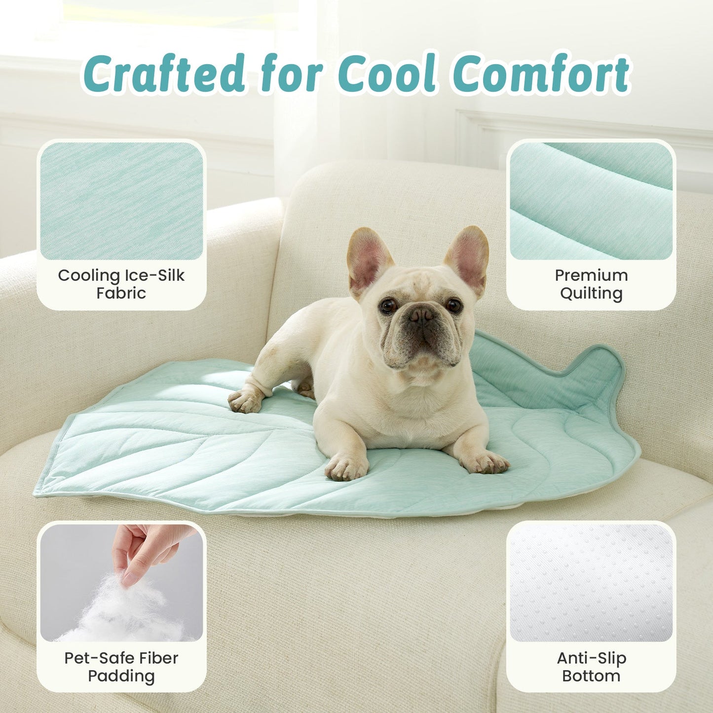 Dog lying on Cozy Kiss cooling pad with features highlighted on a white background #color_Green
