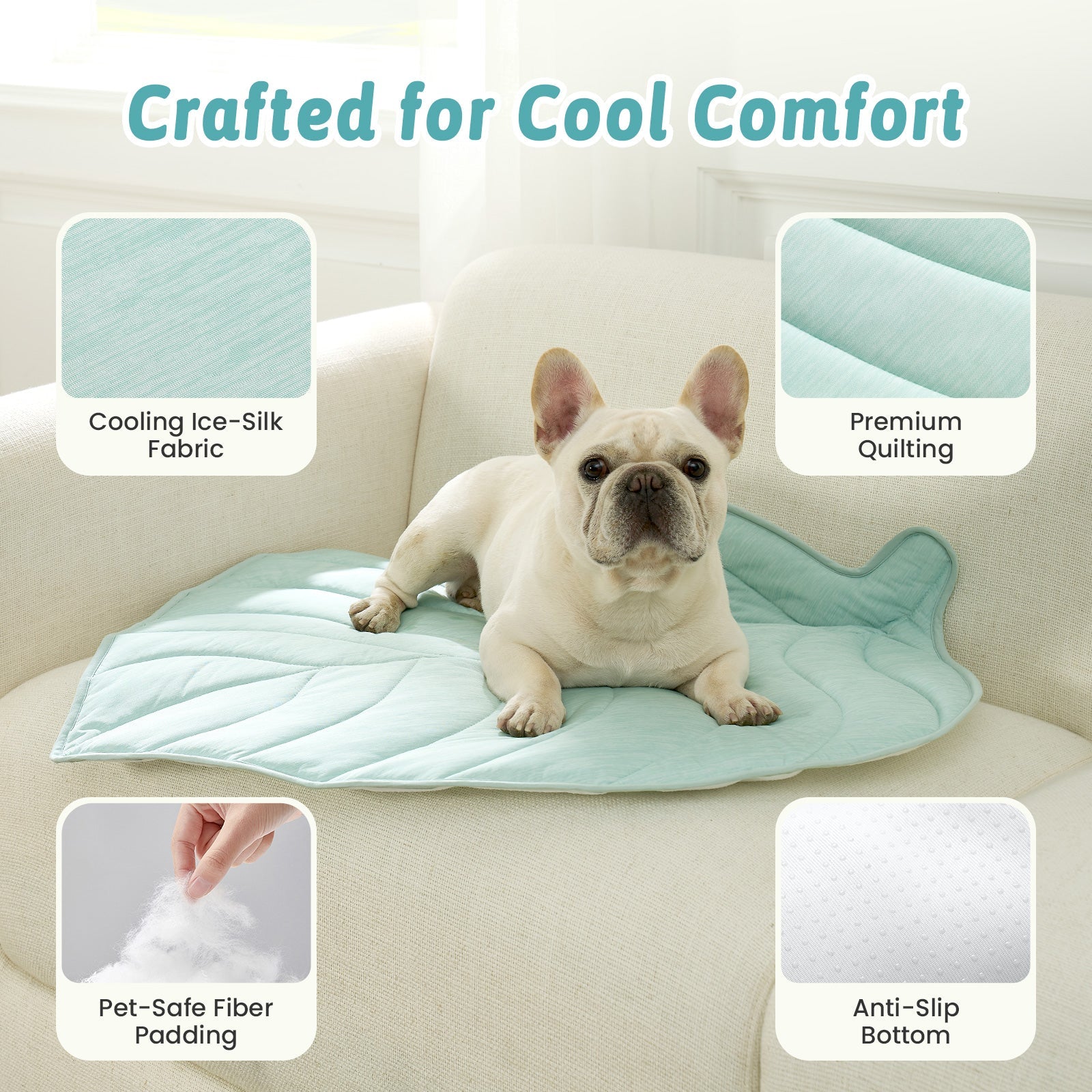 Dog lying on Cozy Kiss cooling pad with features highlighted on a white background #color_Green