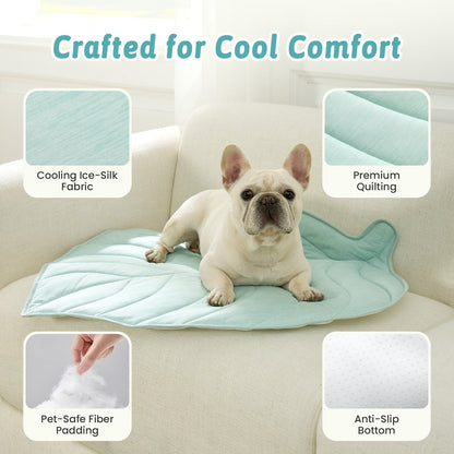 Dog lying on Cozy Kiss cooling pad with features highlighted on a white background #color_Green