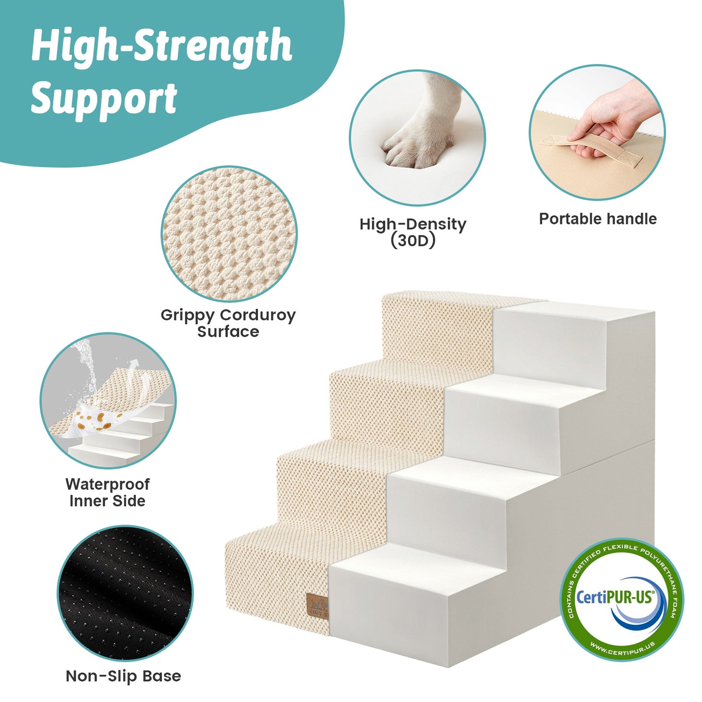 Cozy Kiss pet stairs with high-density foam and anti-slip bottom #color_Beige