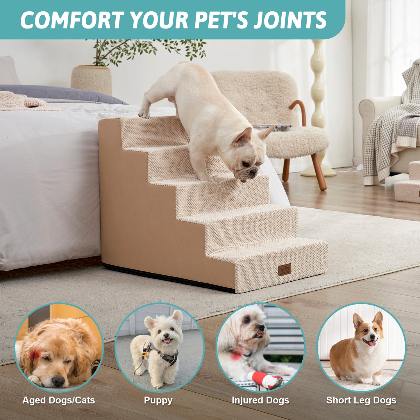 Front view of a dog walking down Cozy Kiss 5-Step Extra Wide Right-Angle Pet Stairs, illustrating easier access for pets. #color_Beige