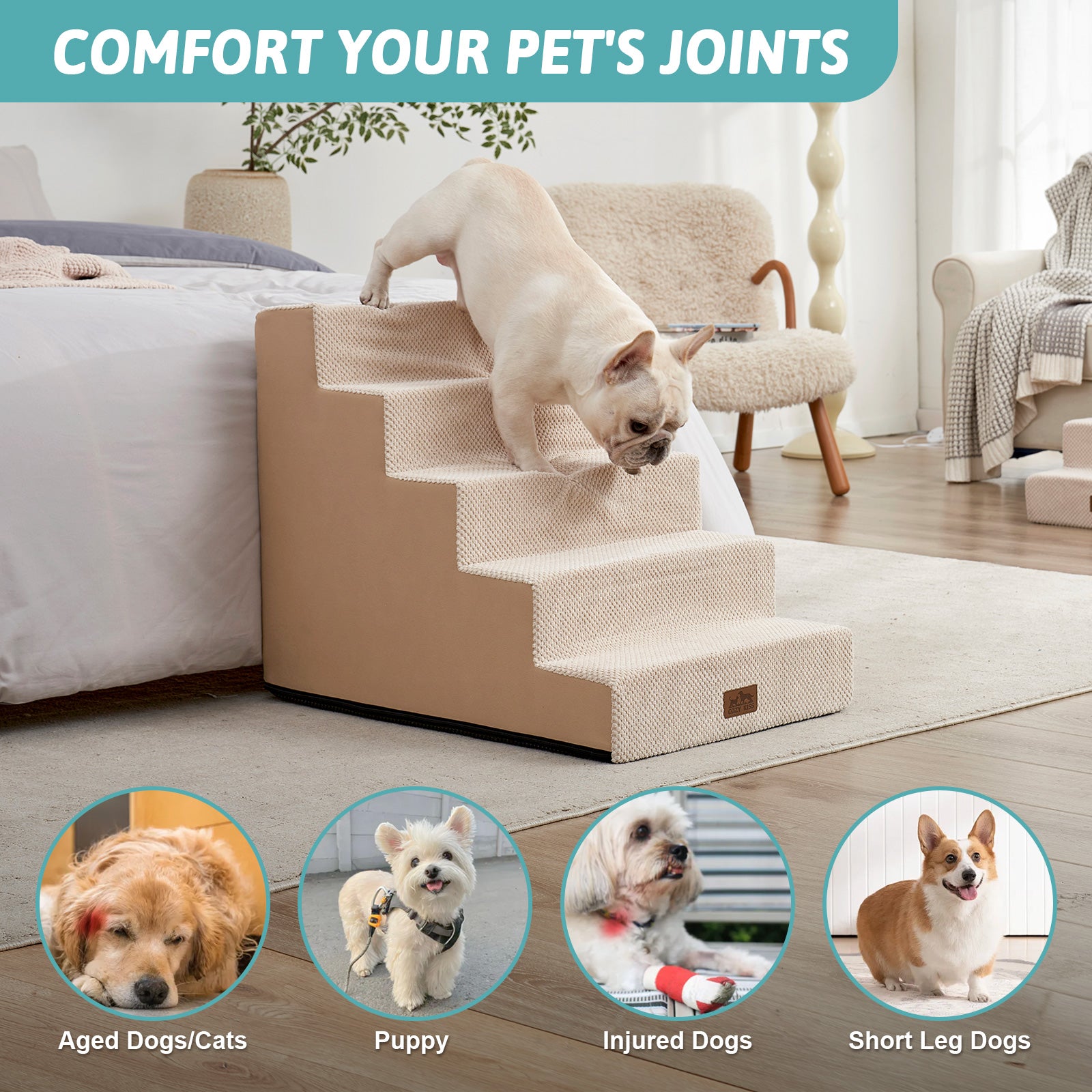 Front view of a dog walking down Cozy Kiss 5-Step Extra Wide Right-Angle Pet Stairs, illustrating easier access for pets. #color_Beige