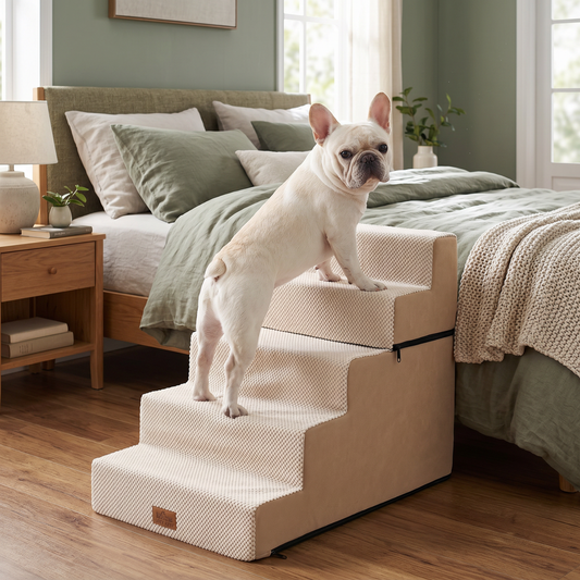 Cozy Kiss 5-Step Extra Wide Foldable Right-Angle Pet Stairs beside bed for safe pet access #color_Beige
