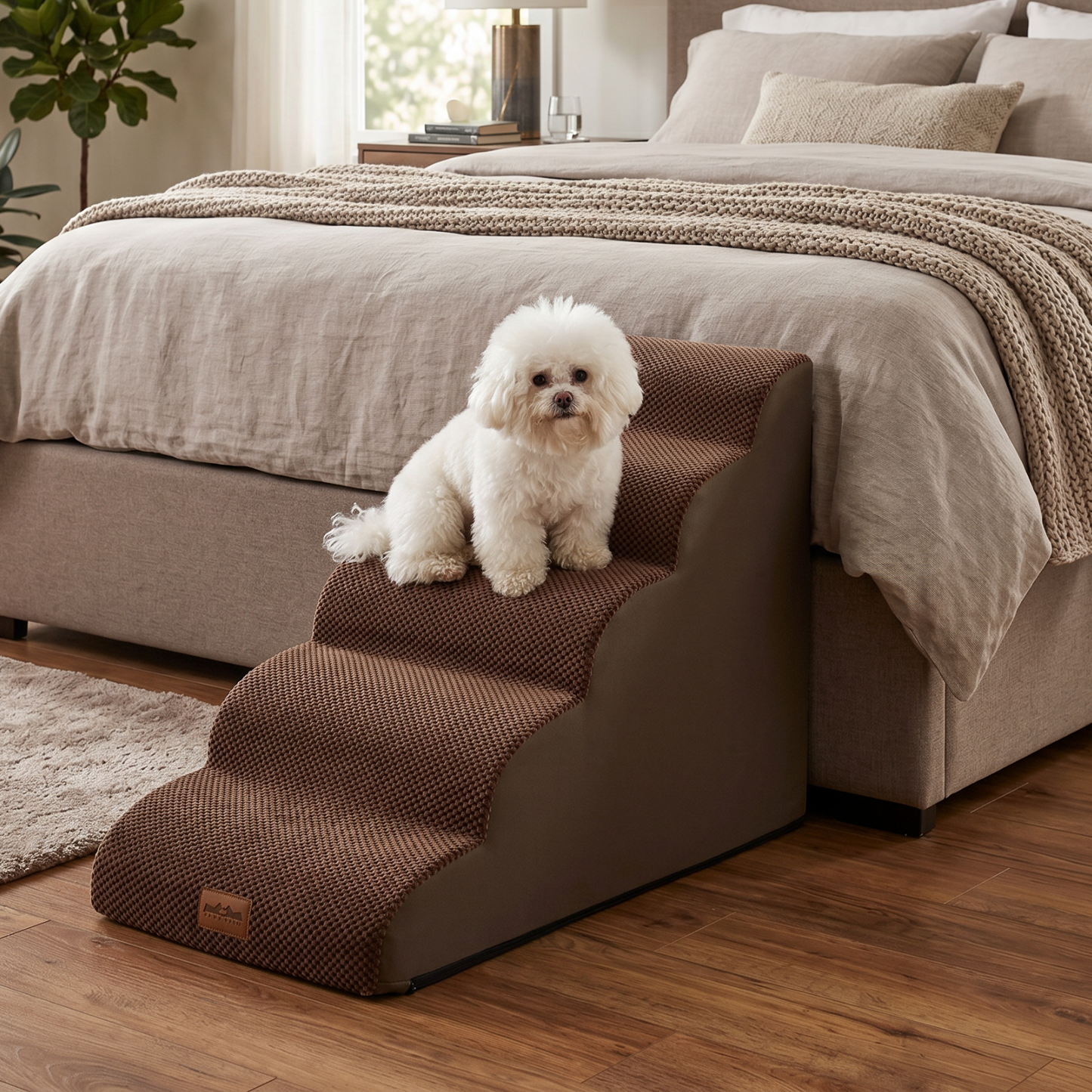 Cozy Kiss 5-Step Joint-Friendly Curved Pet Stairs with washable cover beside armchair helping small dog safely climb down #color_Brown