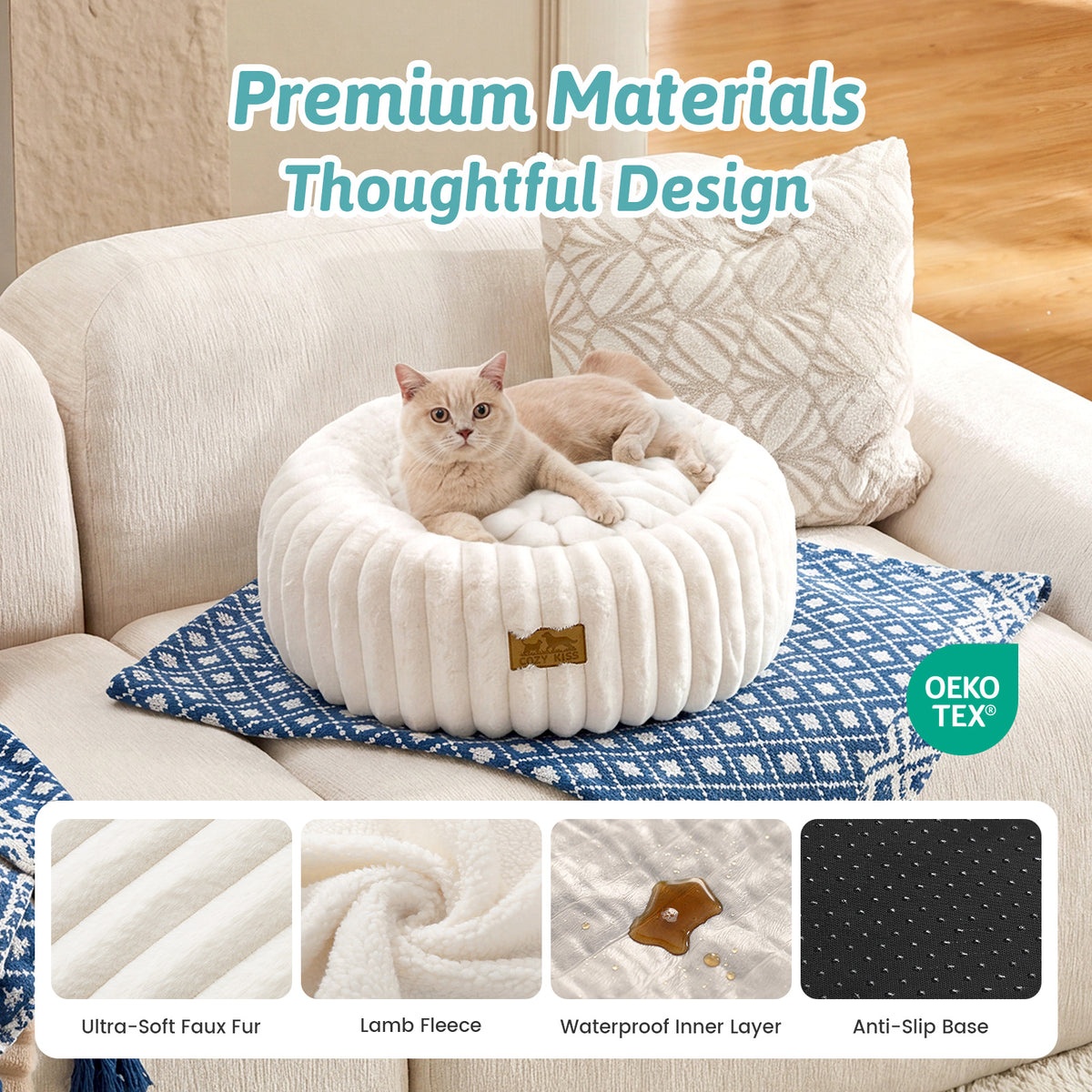 Cozy Kiss close-up of non-slip bottom and plush faux fur texture on Cozy Kiss 2-in-1 Striped Faux Fur Pet Bed #color_Cream