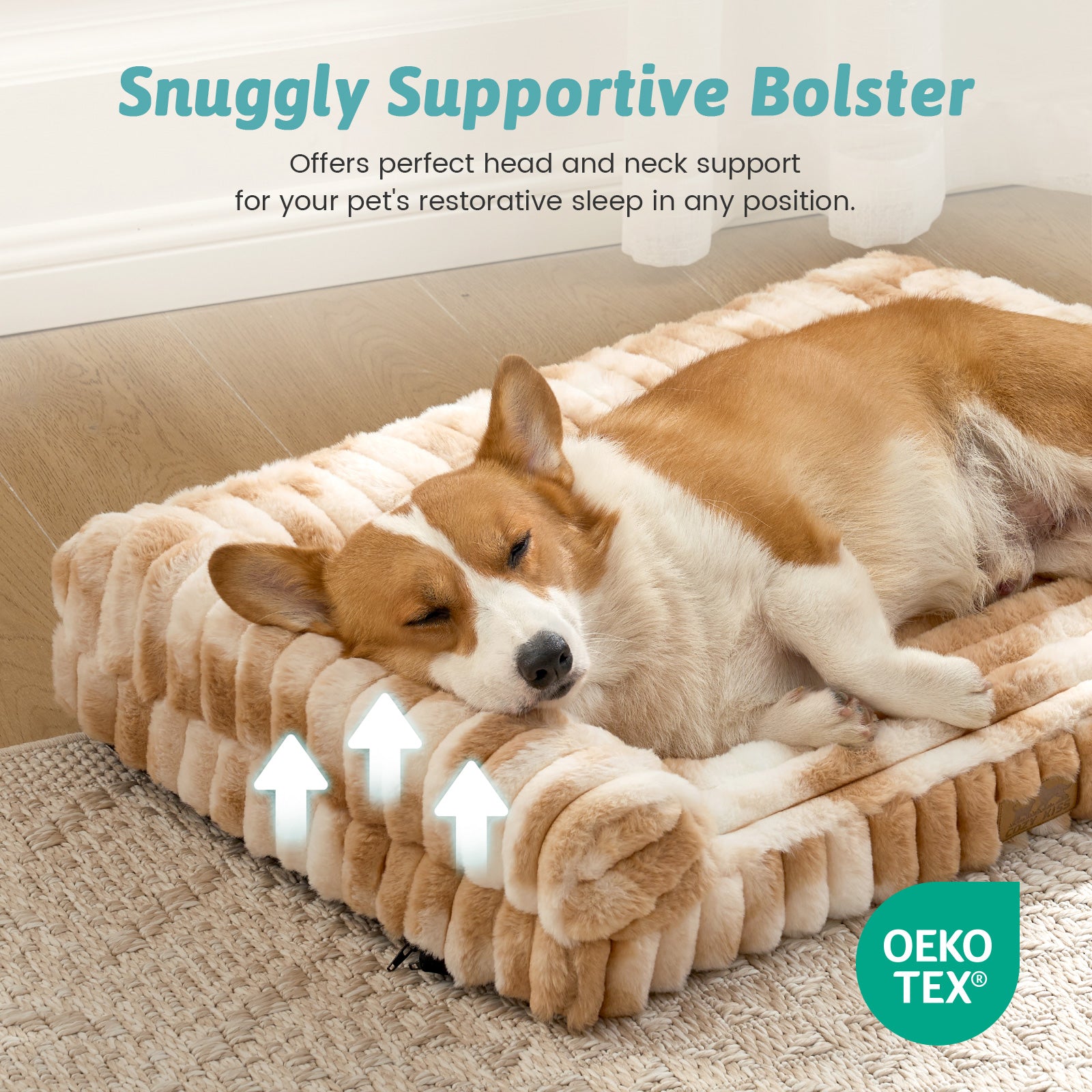 Dog resting on Cozy Kiss Striped Faux U-Shaped Washable Dog Bed, highlighting supportive U-shaped bolsters. #color_Tie-dye Brown