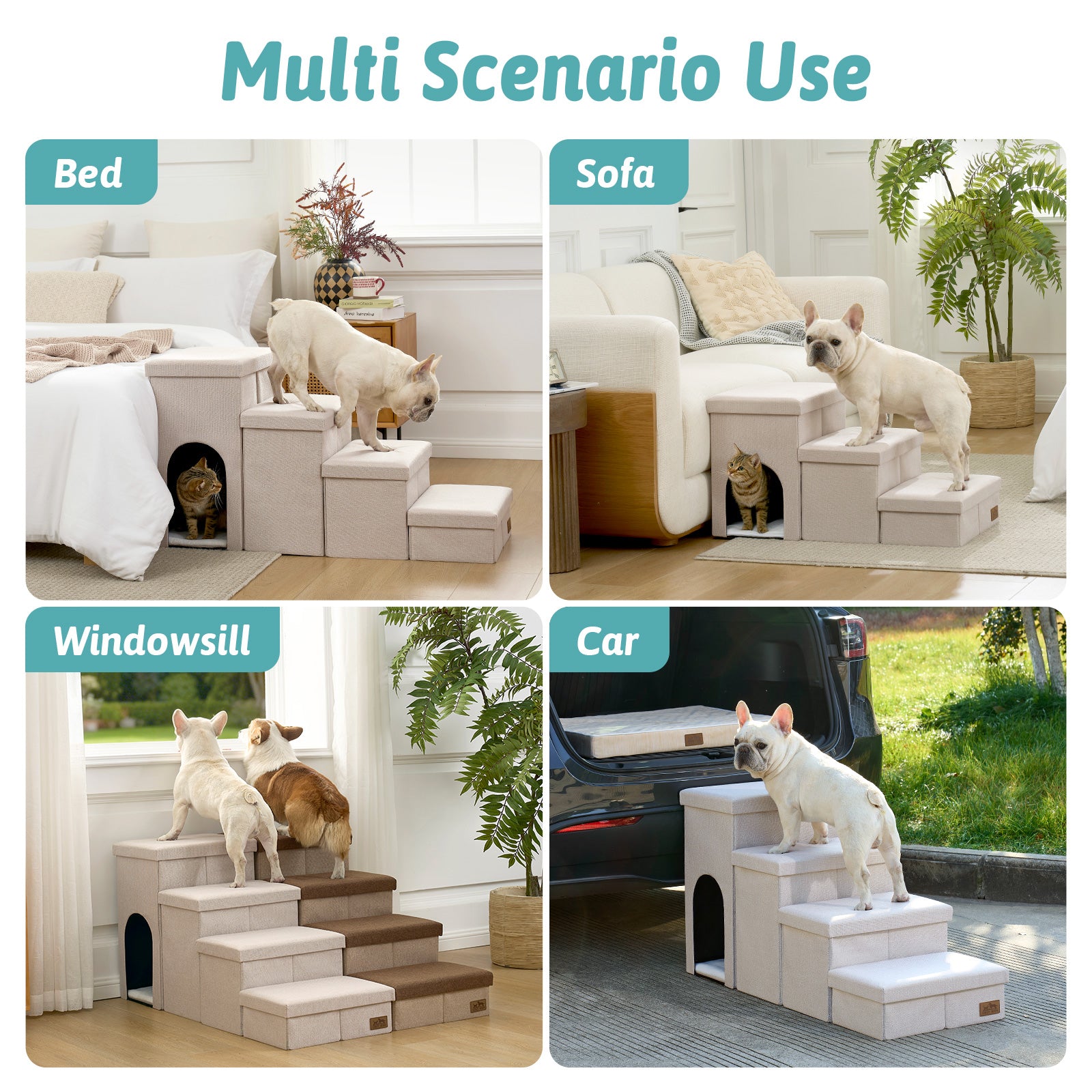 Cozy Kiss Storage Pet Stairs with Play Condo for bed, sofa, windowsill, and car use #color_Cream