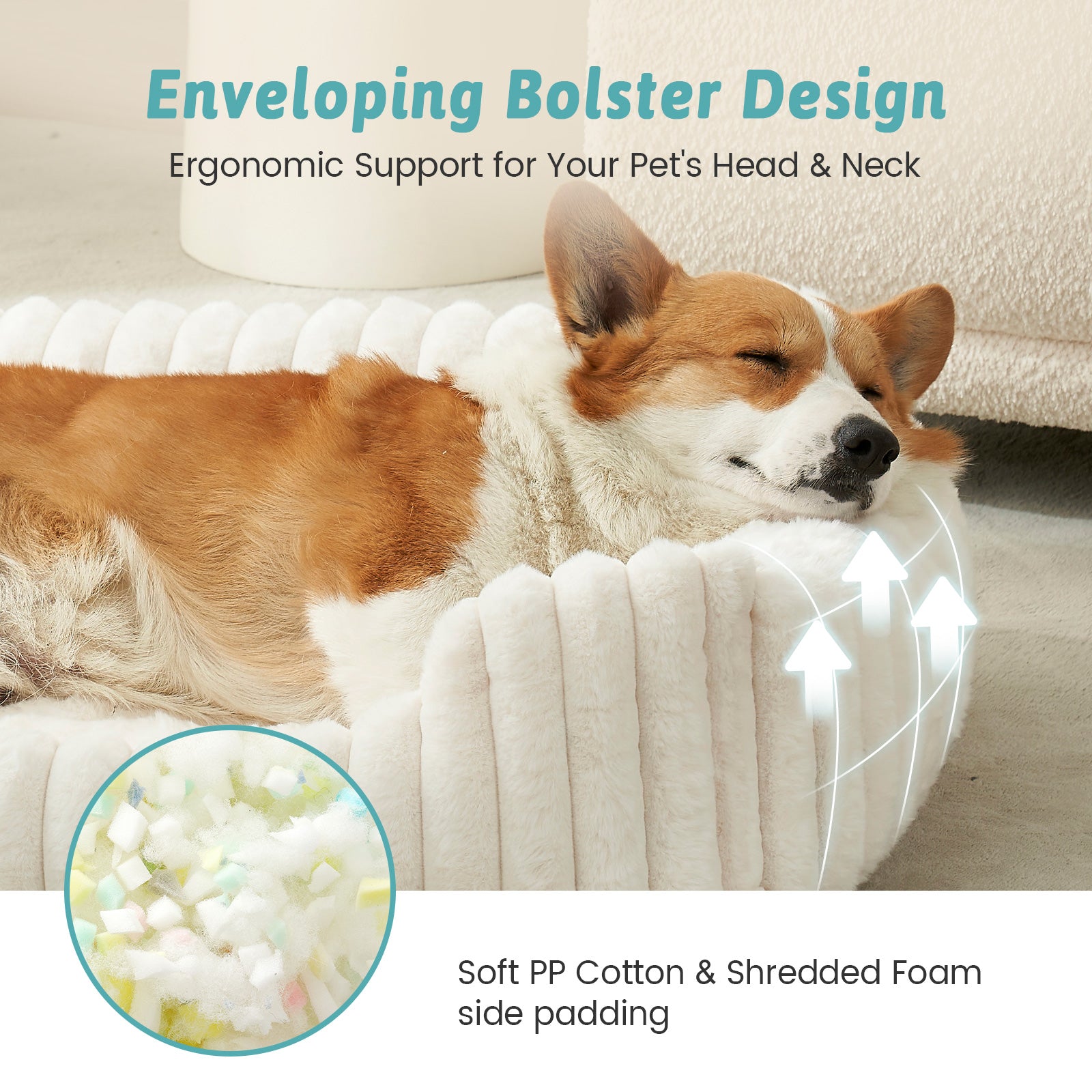 Cozy Kiss Striped Faux C-Shaped Washable Dog Bed head and neck support bolster dog bed #color_Cream