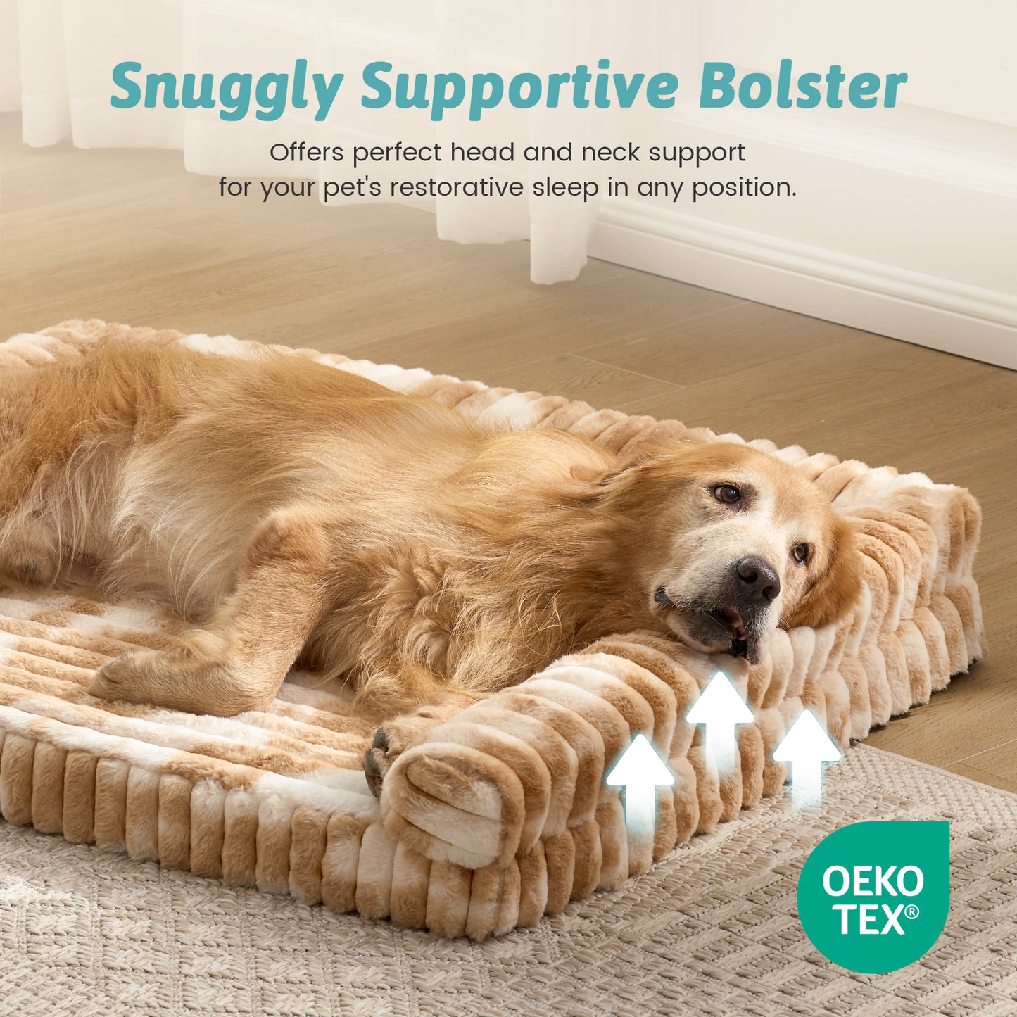 Dog resting on Cozy Kiss Striped Faux U-Shaped Washable Dog Bed, highlighting supportive U-shaped bolsters. #color_Tie-dye Brown