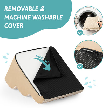 Close-up demonstration of Cozy Kiss removable machine-washable cover with zipper design and supportive foam insert #color_Beige