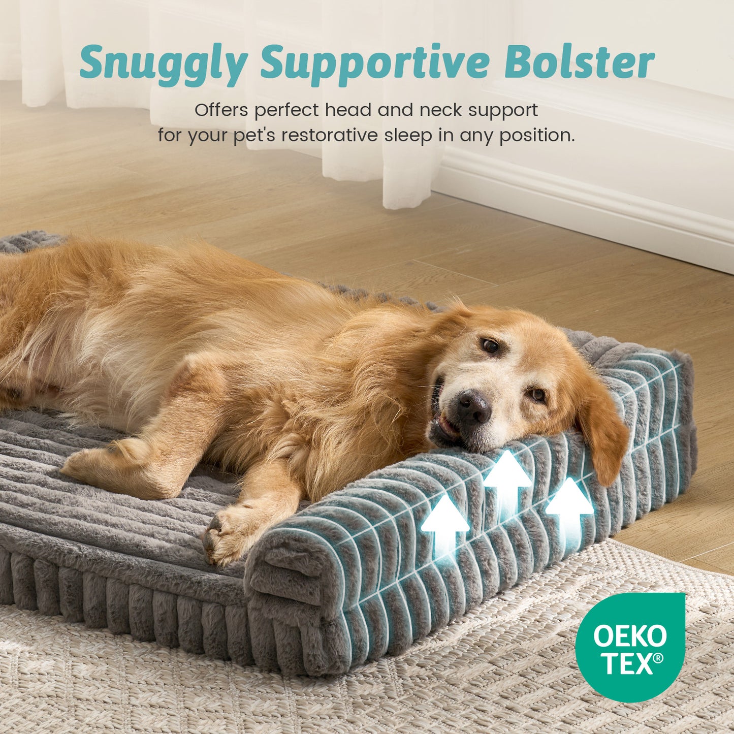 Dog resting on Cozy Kiss Striped Faux U-Shaped Washable Dog Bed, highlighting supportive U-shaped bolsters. #color_Grey