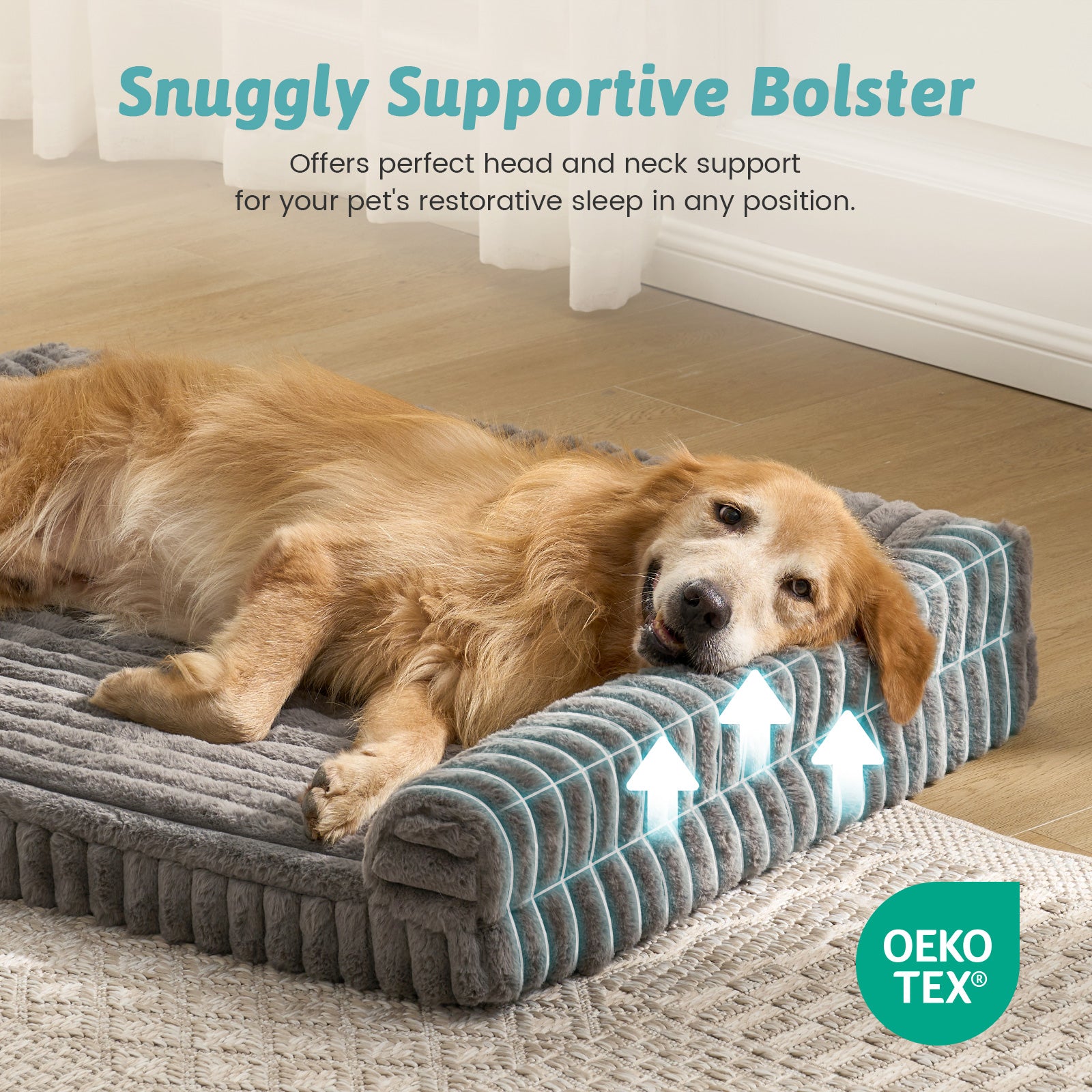 Dog resting on Cozy Kiss Striped Faux U-Shaped Washable Dog Bed, highlighting supportive U-shaped bolsters. #color_Grey