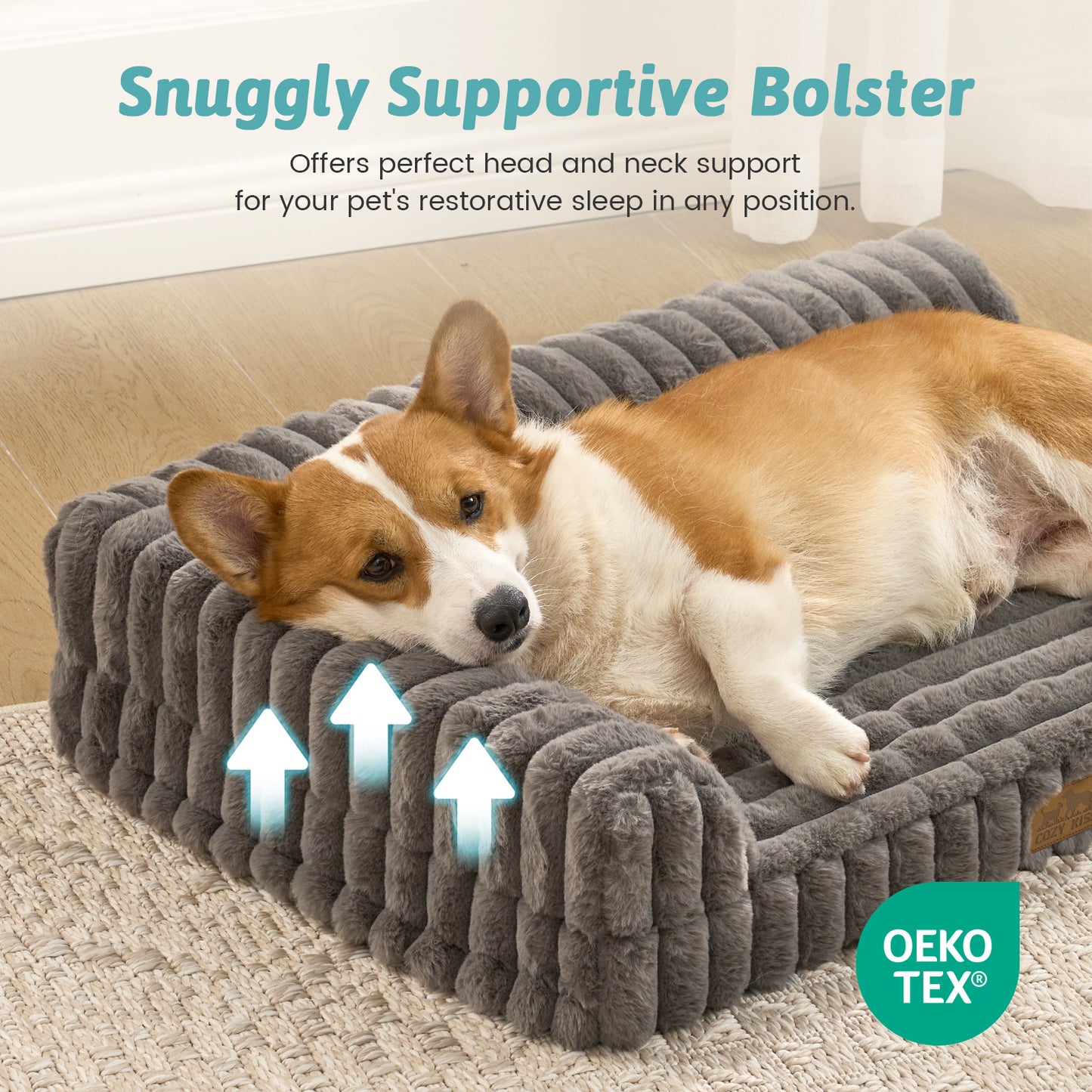 Close-up of a dog resting against the bolster on the Cozy Kiss Striped Faux L-Shaped Washable Dog Bed. 