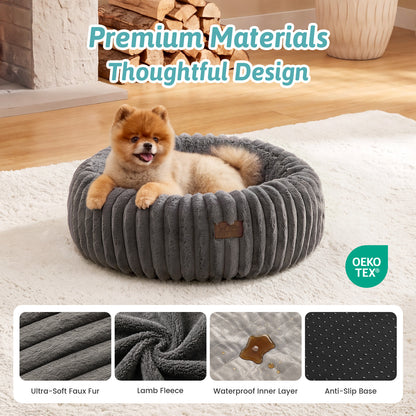Cozy Kiss close-up of non-slip bottom and plush faux fur texture on Cozy Kiss 2-in-1 Striped Faux Fur Pet Bed #color_Dark Grey